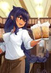  1girl :d absurdres alcohol apron artist_name beer_mug blue_pants blurry blurry_background braid breasts brown_apron covered_nipples cup dark-skinned_female dark_skin foam hair_horns highres holding holding_cup indoors jahy jahy-sama_wa_kujikenai! large_breasts light_blush long_braid looking_to_the_side mug pants pointy_ears ponytail purple_hair revival shirt single_braid smile solo_focus waist_apron white_shirt 
