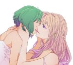  2girls artist_name blonde_hair camisole closed_eyes green_hair half-closed_eyes hands_on_another&#039;s_head hands_on_another&#039;s_shoulders imminent_kiss long_hair macross macross_frontier multiple_girls nail_polish ooomi open_mouth purple_nails ranka_lee sheryl_nome short_hair violet_eyes white_camisole yuri 