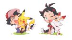  &gt;_&lt; 2boys ;d ash_ketchum bangs baseball_cap black_hair black_pants blue_eyes commentary_request eyelashes goh_(pokemon) grey_footwear grey_shirt hat highres male_focus multiple_boys ogege_(ogege_kyit) one_eye_closed open_mouth pants pikachu pokemon pokemon_(anime) pokemon_(creature) pokemon_swsh_(anime) red_headwear red_legwear scorbunny shirt shoes short_hair shorts sitting sleeveless sleeveless_jacket smile socks teeth tongue upper_teeth white_shirt 