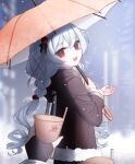  1girl 1other :d absurdres bangs braid brown_gloves brown_jacket captain_(honkai_impact) cup disposable_cup drinking_straw fingerless_gloves flower gloves hair_flower hair_ornament highres holding holding_cup holding_umbrella honkai_(series) honkai_impact_3rd jacket long_hair long_sleeves looking_at_viewer open_mouth outdoors qaliw red_eyes red_flower red_rose rose smile snowing theresa_apocalypse theresa_apocalypse_(luna_kindred) twin_braids umbrella white_hair winter_clothes 
