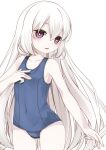  1girl albino bangs barefoot blue_swimsuit commentary commentary_request hand_up head_tilt long_hair looking_at_viewer nomiku open_mouth original pale_skin red_eyes school_swimsuit standing swimsuit very_long_hair white_background white_hair 