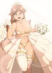  1girl bra brown_hair crown eyebrows_visible_through_hair federico_iglesias feet_out_of_frame flower frilled_bra frilled_legwear frilled_panties frills gloves hands_up highres holding holding_flower leaf long_hair navel one_eye_closed panties princess_daisy print_bra signature solo super_mario_bros. thigh-highs underwear underwear_only veil white_flower white_gloves white_legwear yellow_panties 