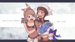  1boy 1girl beanie blue_flower blush bouquet bow bow_hairband brown_hair character_name commentary_request dated eyelashes flower hairband happy_birthday hat holding holding_bouquet jacket open_mouth pokemon pokemon_adventures ruby_(pokemon) sapphire_birch shirou_(shiro_uzr) shorts sleeveless teeth tongue violet_eyes white_headwear white_shorts zipper_pull_tab 