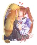  2girls blonde_hair blush brown_hair couple fate_testarossa happy heart kiss long_hair lyrical_nanoha mahou_shoujo_lyrical_nanoha_vivid multiple_girls side_ponytail signature simple_background smile takamachi_nanoha tsab_air_military_uniform tsab_executive_military_uniform uniform very_long_hair vnixxir white_background yuri 