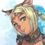  1girl animal_ear_fluff animal_ears bangs blonde_hair blue_eyes blue_pupils cat_ears closed_mouth dark-skinned_female dark_skin face facial_mark final_fantasy final_fantasy_xi lips mithra_(ff11) no_eyebrows parted_bangs pink_lips short_hair solo upper_body yuccoshi 