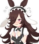  1girl animal_ears bangs black_hairband blush brown_hair center_frills collared_shirt commentary_request cosplay eyebrows_visible_through_hair fake_animal_ears fleur_de_lapin_uniform floppy_ears flying_sweatdrops frilled_hairband frills gochuumon_wa_usagi_desu_ka? hair_over_one_eye hairband hands_up highres horse_ears long_hair mitya nose_blush parted_lips puffy_short_sleeves puffy_sleeves rabbit_ears rice_shower_(umamusume) shirt short_sleeves simple_background solo twitter_username umamusume uniform upper_body very_long_hair violet_eyes wavy_mouth white_background white_shirt wrist_cuffs 