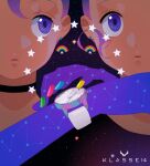  2girls black_choker blue_nails choker constellation copyright_name earrings green_nails highres jewelry klasse14 multiple_girls nam_yungyeong original parted_lips pink_nails purple_hair rainbow star_(symbol) violet_eyes watch watch yellow_nails 