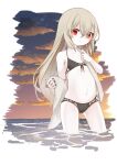  1girl albino bangs barefoot black_nails black_swimsuit commentary commentary_request hand_up long_hair looking_at_viewer nomiku ocean original outdoors pale_skin red_eyes standing sunset swimsuit 