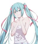  1girl absurdres alternate_costume aqua_eyes aqua_hair bare_shoulders breasts cowboy_shot dress eyebrows fov_ps hair_between_eyes hatsune_miku highres lips long_hair pink_hair small_breasts smile solo strapless strapless_dress twintails vocaloid white_background white_dress 