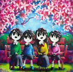  2boys 2girls absurdres acrylic_paint_(medium) artist_name bench black_footwear black_hair black_shorts black_skirt blue_footwear blue_shirt blue_sky bow bowtie branch cherry_blossoms collared_shirt flower green_shirt highres kawakami_yoshiro long_hair medium_hair multiple_boys multiple_girls no_nose oil_painting_(medium) original outdoors painting_(medium) petals pink_flower pink_shirt red_bow red_bowtie red_footwear shadow shirt shoes short_hair shorts sitting skirt sky socks traditional_media white_legwear yellow_shirt 