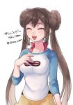  1girl :d bangs breasts brown_hair closed_eyes collarbone commentary_request double_bun eyelashes hand_up long_hair open_mouth pokemon pokemon_adventures raglan_sleeves shirou_(shiro_uzr) shirt shorts smile solo teeth tongue translation_request twintails whitley_(pokemon) 