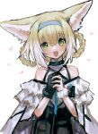  1girl :d absurdres animal_ear_fluff animal_ears arknights bangs bare_shoulders blonde_hair blue_hairband braid eyebrows_visible_through_hair fox_ears green_eyes hair_between_eyes hair_rings hairband hands_up head_tilt heart highres interlocked_fingers looking_at_viewer multicolored_hair own_hands_clasped own_hands_together shirt simple_background smile solo sono_(user_dmxn5534) suzuran_(arknights) twin_braids two-tone_hair upper_body white_background white_hair white_shirt 