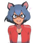  1girl animal_ears artist_name blue_eyes blue_hair body_fur brand_new_animal fangs furry furry_female highres jacket kagemori_michiru looking_at_viewer milka_(milk4ppl) open_mouth raccoon_ears raccoon_girl red_jacket simple_background smile solo teeth track_jacket upper_body white_background 