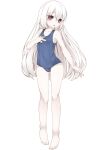  1girl absurdres albino bangs barefoot blue_swimsuit commentary commentary_request full_body hand_up head_tilt highres long_hair looking_at_viewer nomiku open_mouth original pale_skin red_eyes school_swimsuit standing swimsuit 