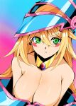  1girl bangs bare_shoulders blonde_hair blue_background blue_headwear blush_stickers breasts dark_magician_girl duel_monster gradient gradient_background green_eyes hair_between_eyes hat highres kakutasu_1700 large_breasts long_hair looking_at_viewer off_shoulder parted_lips pink_background shadow solo wizard_hat yu-gi-oh! yu-gi-oh!_duel_monsters 