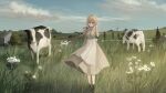  1girl animal apron black_footwear blue_eyes blue_sky brown_hair character_request chihuri closed_mouth clouds collared_dress commentary_request cow day dress field floating_hair flower grass grey_dress highres long_hair outdoors shoes sky smile solo tree very_long_hair vocaloid waist_apron white_apron white_flower windmill 