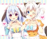  2girls animal_ears aoi_yun apron blue_eyes blue_hair blush bow breasts cat_ears eyebrows_visible_through_hair heart heart_hands large_breasts looking_at_viewer maid_apron maid_headdress multiple_girls one_eye_closed open_mouth original rabbit_ears red_eyes spoken_heart white_hair 