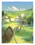  1girl absurdres bird border brown_hair clouds dress easel field grass hand_on_lap highres hill medium_hair morncolour original painting_(object) scenery sitting solo sparkle tree white_border white_dress 