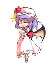  1girl bangs bat_wings bow chibi closed_eyes collar collared_dress dairi dress eyebrows_visible_through_hair full_body hair_between_eyes hands_up hat hat_ribbon mob_cap no_shoes open_mouth puffy_short_sleeves puffy_sleeves purple_hair red_bow red_ribbon remilia_scarlet ribbon short_hair short_sleeves simple_background smile socks solo standing tachi-e touhou white_background white_dress white_headwear white_legwear white_sleeves wings wrist_cuffs 