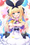  1girl apron balloon bangs baram black_bow black_ribbon blonde_hair blue_dress blunt_bangs blush bow collared_dress commentary_request confetti dress eyebrows_visible_through_hair flower green_eyes hair_bow hair_ribbon heart_balloon highres long_hair looking_at_viewer mononobe_alice nijisanji object_hug open_mouth pink_flower pink_rose puffy_short_sleeves puffy_sleeves purple_flower purple_rose ribbon rose short_sleeves smile solo very_long_hair virtual_youtuber white_apron yellow_flower 