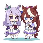  2girls animal_ears bangs black_bow blue_eyes blush bow brown_hair chibi colored_shadow commentary_request cup disposable_cup drinking drinking_straw ear_ribbon eyebrows_visible_through_hair frilled_skirt frills green_ribbon hair_between_eyes hair_ribbon hitomiz holding holding_cup horse_ears horse_girl horse_tail kneehighs long_hair mejiro_mcqueen_(umamusume) multicolored_hair multiple_girls pink_ribbon ponytail puffy_short_sleeves puffy_sleeves purple_hair purple_shirt ribbon school_uniform shadow shirt short_eyebrows short_sleeves skirt streaked_hair tail thick_eyebrows tokai_teio_(umamusume) tracen_school_uniform umamusume very_long_hair violet_eyes white_background white_hair white_legwear white_skirt 
