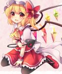  1girl :d \||/ absurdres ascot black_legwear blonde_hair bow commentary_request crystal eyebrows eyebrows_visible_through_hair fang flandre_scarlet frilled_shirt_collar frills full_body hair_bow hat highres holding laevatein_(touhou) looking_at_viewer mary_janes mob_cap orange_eyes pantyhose pink_background puffy_short_sleeves puffy_sleeves red_footwear red_skirt red_vest ruhika shadow shoes short_sleeves side_ponytail simple_background sitting skirt smile solo touhou vest wariza white_bow white_headwear wings wrist_cuffs 