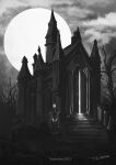  1girl artist_name bangs bare_tree bloodborne bonnet boots building cloak clouds cloudy_sky commentary_request copyright_name dress greyscale hat highres light long_sleeves looking_at_viewer monochrome moon plain_doll scenery short_hair sky solo stairs standing tree tripdancer 