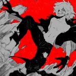  1boy anoko_(darenokoanoko) bangs boku_no_hero_academia collarbone gloves grin hair_between_eyes jacket male_focus navel open_clothes open_jacket pants red_background red_eyes rock scar scar_on_face scar_on_mouth shigaraki_tomura simple_background smile solo torn_clothes torn_jacket torn_pants wrinkled_skin 