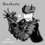  1boy :d anniversary artist_name bloodborne capelet closed_eyes commentary_request gloves greyscale hat highres holding hunter_(bloodborne) kamezaemon long_sleeves looking_at_viewer monochrome short_hair simple_background smile solo teeth tricorne upper_teeth 