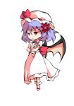  1girl anger_vein angry bangs bat_wings black_eyes bow chibi closed_mouth collar collared_dress dairi dress eyebrows_visible_through_hair full_body hair_between_eyes hands_up hat hat_ribbon looking_to_the_side mob_cap no_shoes pink_eyes puffy_short_sleeves puffy_sleeves purple_hair red_bow red_ribbon remilia_scarlet ribbon short_hair short_sleeves simple_background socks solo standing tachi-e touhou white_background white_dress white_headwear white_legwear white_sleeves wings wrist_cuffs 