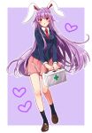  1girl :o animal_ears bangs black_legwear blazer blush border box breasts buttons collared_shirt commentary_request crescent crescent_pin first_aid_kit full_body heart holding holding_box jacket knees light_purple_hair loafers long_hair long_sleeves looking_at_viewer medium_breasts miniskirt necktie okawa_friend open_mouth pink_skirt pleated_skirt pocket rabbit_ears red_eyes red_necktie red_neckwear reisen_udongein_inaba shiny shiny_hair shirt shoes skirt socks solo standing standing_on_one_leg suit_jacket touhou white_shirt wing_collar 