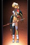  1girl armor ass asymmetrical_legwear bandaged_leg bandages black_legwear blonde_hair dark-skinned_female dark_elf dark_skin elf from_behind full_body highleg highleg_leotard hikaru_(mikan0407) holding holding_staff langrisser leotard looking_at_viewer medium_hair pointy_ears shoulder_armor solo sonia_(langrisser) staff standing white_footwear white_legwear white_leotard yellow_eyes 