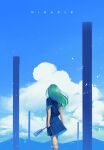  1girl artist_name back blue_shirt blue_skirt blue_sky clouds cloudy_sky english_text gohei green_hair highres kochiya_sanae long_hair looking_to_the_side mountain no_hat no_headwear rylusus scenery school_uniform shirt short_sleeves skirt sky solo standing touhou 