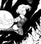  1girl android_18 breasts clouds dated dragon_ball dragon_ball_z flying greyscale looking_at_viewer monochrome open_mouth pantyhose shirt short_hair signature skirt solo striped tsukudani_(coke-buta) 