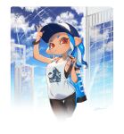  1girl black_legwear blue_hair blue_headwear blue_sky border bracelet breasts building candy city cityscape clouds cloudy_sky food hand_on_headwear hat highres ink_tank_(splatoon) inkling jewelry lollipop looking_at_viewer looking_down medium_breasts medium_hair orange_eyes outdoors pantyhose pointy_ears shirt sky skyscraper solo splatoon_(series) standing sweat sweatdrop tank_top upper_body v white_border white_shirt yu-ri 