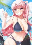  1girl absurdres bikini black_bikini breasts clenched_teeth day glasses highres large_breasts light_rays long_hair negi-mamire ocean original pink_hair smile solo sunbeam sunlight swimsuit teeth v very_long_hair violet_eyes 