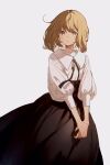  1girl bangs black_neckwear black_ribbon black_skirt blonde_hair brown_eyes closed_mouth expressionless hanamoto highres long_skirt long_sleeves looking_at_viewer medium_hair neck_ribbon original own_hands_together ribbon shirt simple_background skirt solo standing white_background white_shirt 