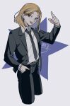 1boy a&#039;he_(the_legend_of_luoxiaohei) arm_up belt black_jacket black_necktie black_pants blonde_hair collared_shirt cropped_legs dated drruraguchi formal hand_in_pocket highres index_finger_raised jacket necktie open_mouth pants shirt shirt_tucked_in short_hair smile solo star_(symbol) suit the_legend_of_luo_xiaohei white_shirt 