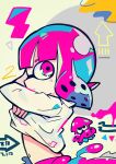  1girl arrow_(symbol) bangs clothes_lift covered_mouth from_side ink inkling long_sleeves looking_at_viewer navel pink_eyes pink_hair shirt shirt_lift short_hair splatoon_(series) splatoon_2 squid terada_tera upper_body white_background white_shirt 