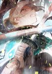  1boy 1girl blonde_hair clenched_teeth close-up dark_blue_hair duel fate fate/grand_order fate_(series) fighting gradient gradient_background highres holding holding_sword holding_weapon iris_(tb33064667) japanese_clothes kimono okita_souji_(fate) okita_souji_(koha/ace) out_of_frame ponytail rain reflection saitou_hajime_(fate) scarf sparks sword teeth wavy_hair weapon yellow_eyes 