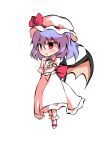  1girl bangs bat_wings black_eyes blush bow chibi collar collared_dress dairi dress eyebrows_visible_through_hair full_body hair_between_eyes hands_up hat hat_ribbon looking_to_the_side mob_cap no_shoes open_mouth pink_eyes puffy_short_sleeves puffy_sleeves purple_hair red_bow red_ribbon remilia_scarlet ribbon short_hair short_sleeves simple_background socks solo standing tachi-e touhou white_background white_dress white_headwear white_legwear white_sleeves wings wrist_cuffs 