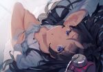  1girl bangs black_hair blunt_bangs breasts buttons downblouse long_hair long_sleeves looking_at_viewer lying no_bra on_back open_mouth original shirt small_breasts violet_eyes waking_up white_shirt yasumo_(kuusouorbital) 