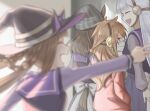  4girls animal_ears bangs beanie blunt_bangs blurry blurry_foreground braid brown_hair depth_of_field ears_through_headwear gold_ship_(umamusume) hat headgear horse_ears horse_girl horse_tail long_hair long_sleeves multiple_girls nakayama_festa_(umamusume) orfevre_(umamusume) purple_shirt sailor_collar sailor_shirt school_uniform shirt shuanghu-miku silver_hair sweep_tosho_(umamusume) symbol-only_commentary tail tracen_school_uniform umamusume v violet_eyes witch_hat 