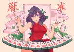  1girl armpits bangs beige_background black_hair black_legwear breasts china_dress chinese_clothes closed_mouth dress earrings green_eyes hair_ornament hairpin holding holding_pipe jewelry kiseru lipstick mahjong mahjong_tile makeup medium_breasts medium_hair original pipe red_dress sleeveless sleeveless_dress smile smoke smoking solo thigh-highs zhainan_s-jun 