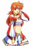  1girl :d bangs blue_eyes chris_(langrisser) collarbone crop_top hair_between_eyes hand_in_hair hikaru_(mikan0407) langrisser long_hair long_sleeves looking_at_viewer midriff miniskirt navel off_shoulder orange_hair simple_background skirt smile solo sparkle standing stomach urushihara_satoshi_(style) white_background white_skirt 