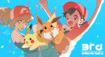  1boy 1girl :d arms_up bangs baseball_cap black_hair blue_background chase_(pokemon) commentary_request confetti dated eevee elaine_(pokemon) eyelashes hat looking_at_viewer open_mouth pikachu pokemon pokemon_(creature) pokemon_(game) pokemon_lgpe red_headwear shirt short_hair short_sleeves shorts simple_background smile tongue white_shirt zonbi4771 