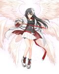  1girl absurdres angel bangs belt black_hair breasts collarbone felutiahime full_body grey_background grey_jacket highres holding holding_sword holding_weapon jacket long_hair long_sleeves medium_breasts miniskirt multiple_wings open_clothes open_jacket original pleated_skirt red_belt shiny shiny_hair shoes simple_background skirt solo sword two-sided_fabric two-sided_jacket weapon white_skirt wings 