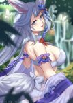  1girl animal_ears bikini blue_eyes blurry blurry_background blurry_foreground bow breasts bug butterfly commentary day depth_of_field detached_sleeves english_commentary erune flower fox_ears fox_tail from_side granblue_fantasy hair_flower hair_ornament kauru00 large_breasts long_hair looking_at_viewer looking_to_the_side open_mouth outdoors rope silver_hair smile societte_(granblue_fantasy) solo swimsuit tail very_long_hair white_bikini white_bow 