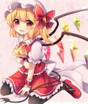  1girl \||/ absurdres ascot black_legwear blonde_hair bow commentary_request crystal eyebrows eyebrows_visible_through_hair flandre_scarlet full_body hair_bow hat highres laevatein_(tail) looking_at_viewer mob_cap on_ground orange_eyes pantyhose pink_background puffy_short_sleeves puffy_sleeves red_footwear red_skirt red_vest ruhika shadow shoes short_sleeves side_ponytail simple_background sitting skirt solo tail touhou vest wariza white_bow white_headwear wings wrist_cuffs 