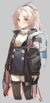 1girl absurdres arknights backpack bag blush death_hone garter_belt garter_straps highres jacket looking_at_viewer pinecone_(arknights) simple_background sweater thigh-highs tied_hair 